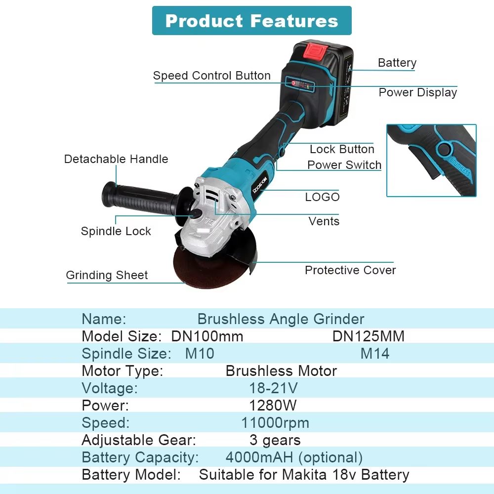 Brushless Angle Grinder Battery Powered - 125/100mm Açı Öğütücü Fırçasız Değişken 3